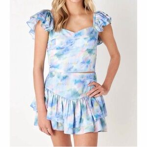 Cake For Dinner Pastel Watercolor Mini Skirt Set - Blue Multi